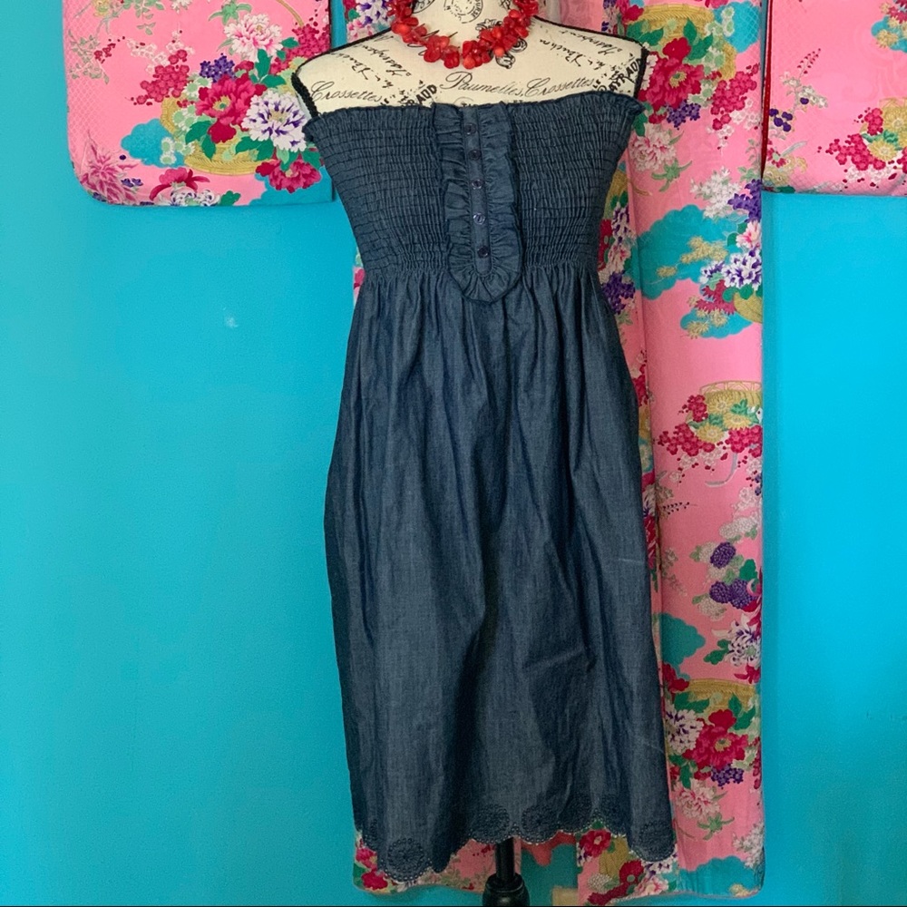 Chambray Strapless Smocked Dress from Fabrik